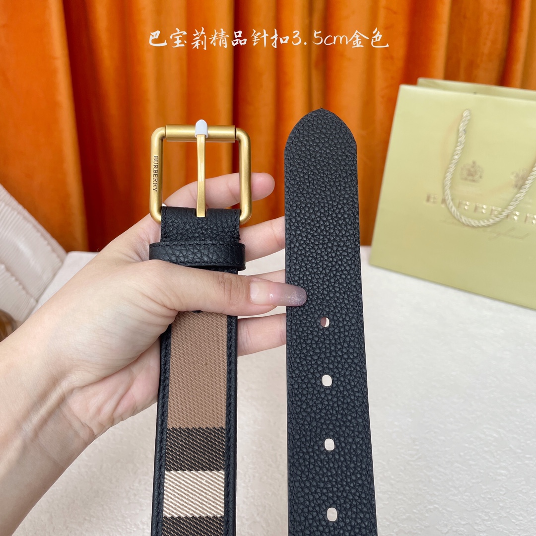  Burberry  巴宝莉专柜同步平滑皮革腰带  搭配精品针扣  装饰品牌经典格纹  宽度3.5cm 