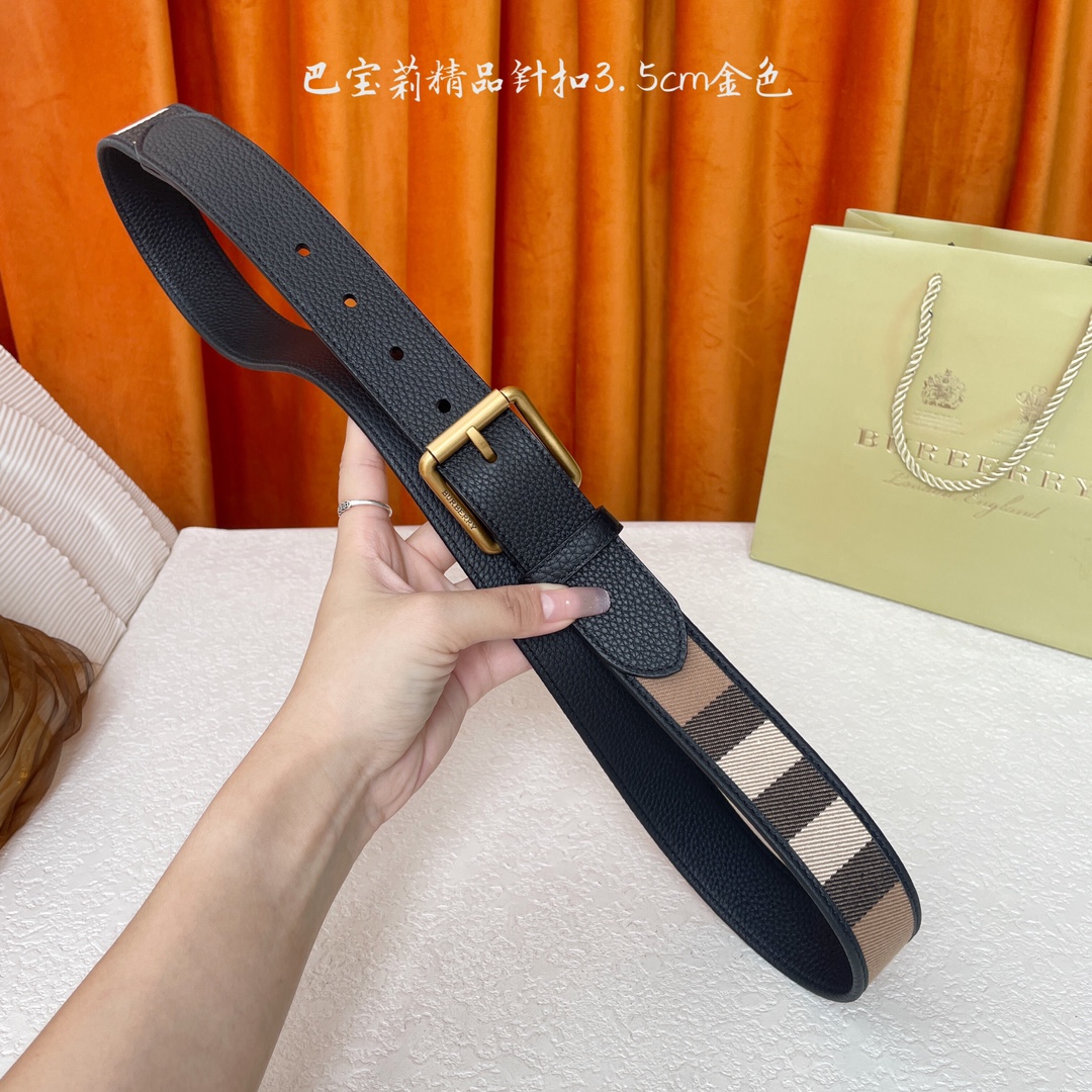  Burberry  巴宝莉专柜同步平滑皮革腰带  搭配精品针扣  装饰品牌经典格纹  宽度3.5cm 