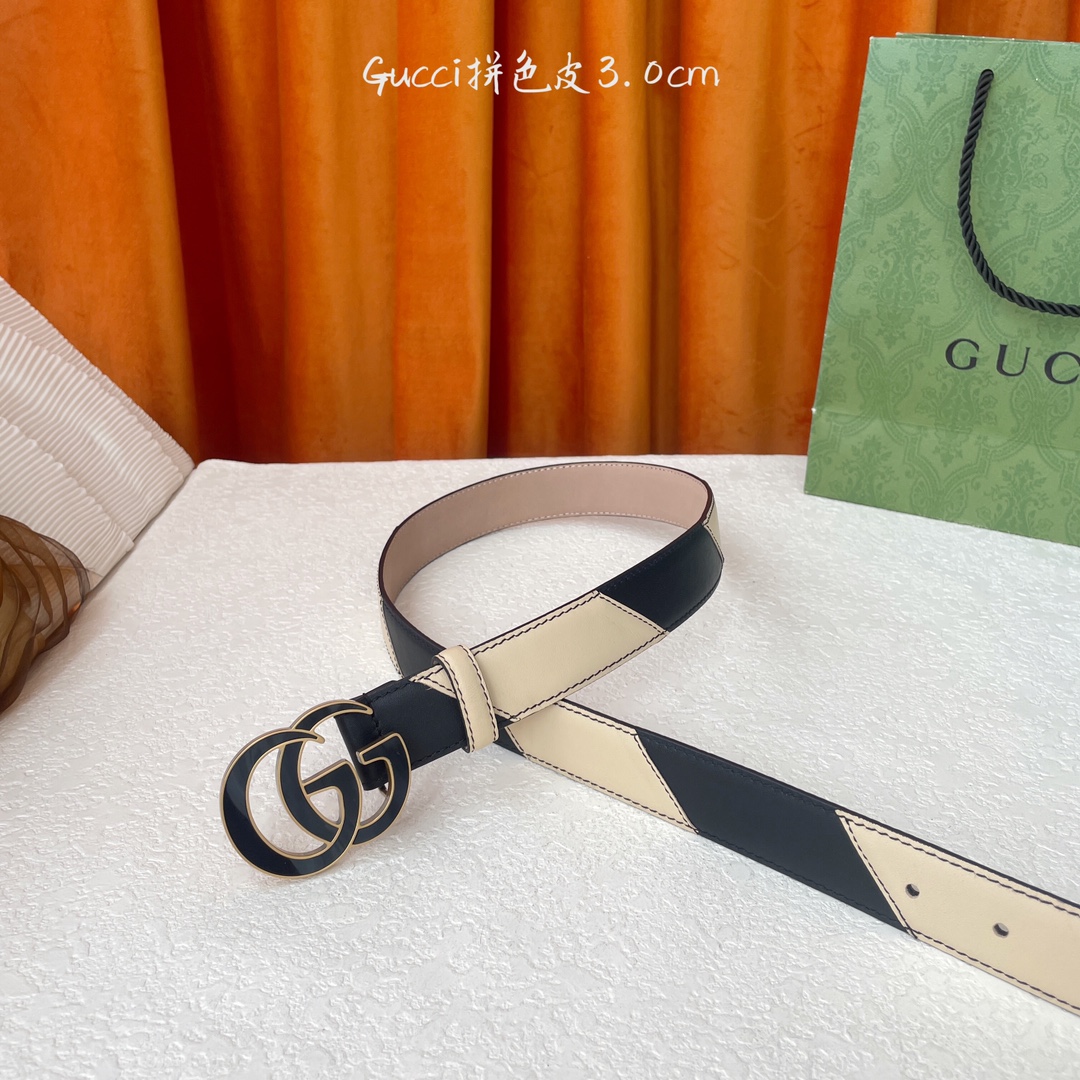   Gucci 新款拼接皮 搭配树膏沙底 精品铜扣 宽3.0Cm  经典永不过时款 潮流大方 时尚百搭