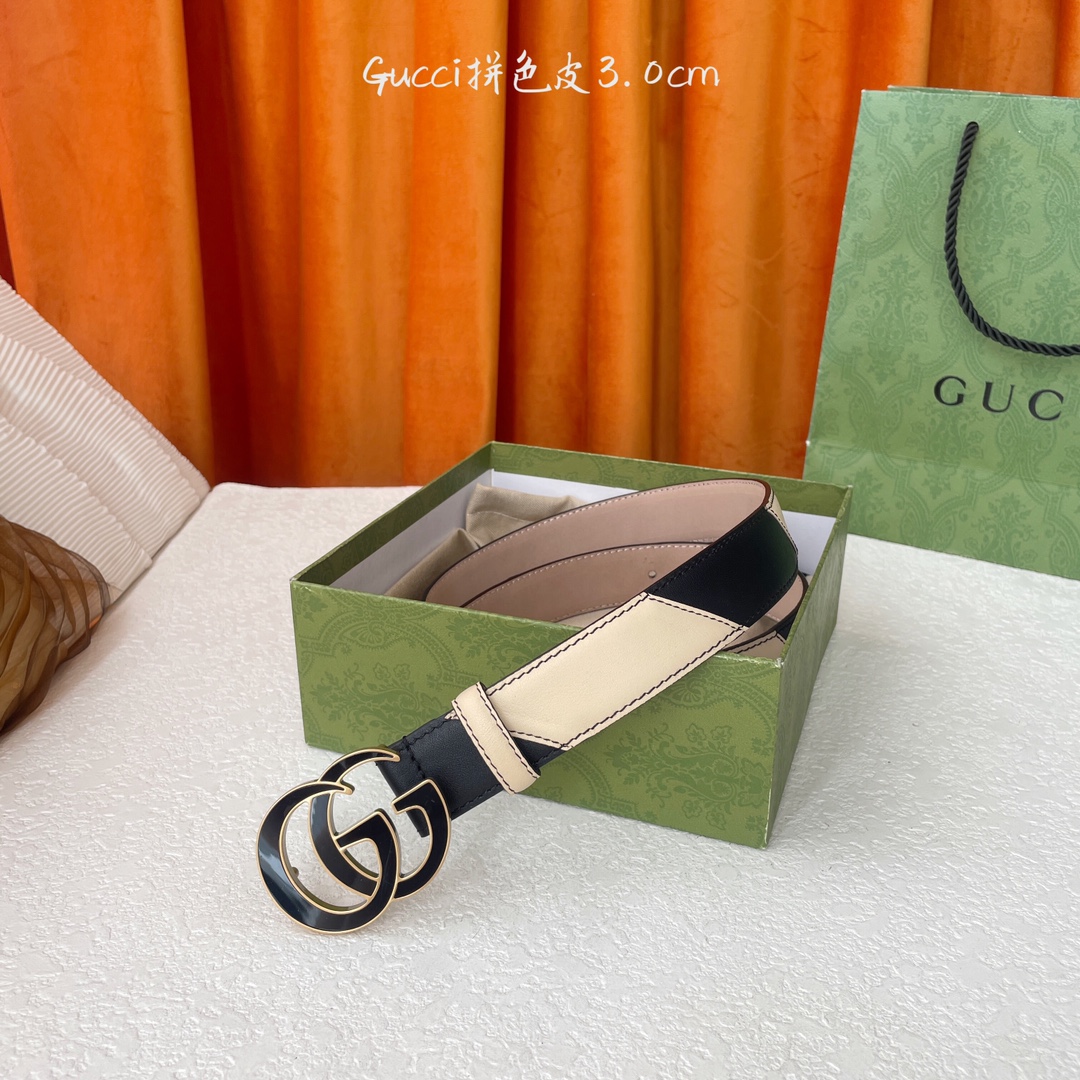   Gucci 新款拼接皮 搭配树膏沙底 精品铜扣 宽3.0Cm  经典永不过时款 潮流大方 时尚百搭