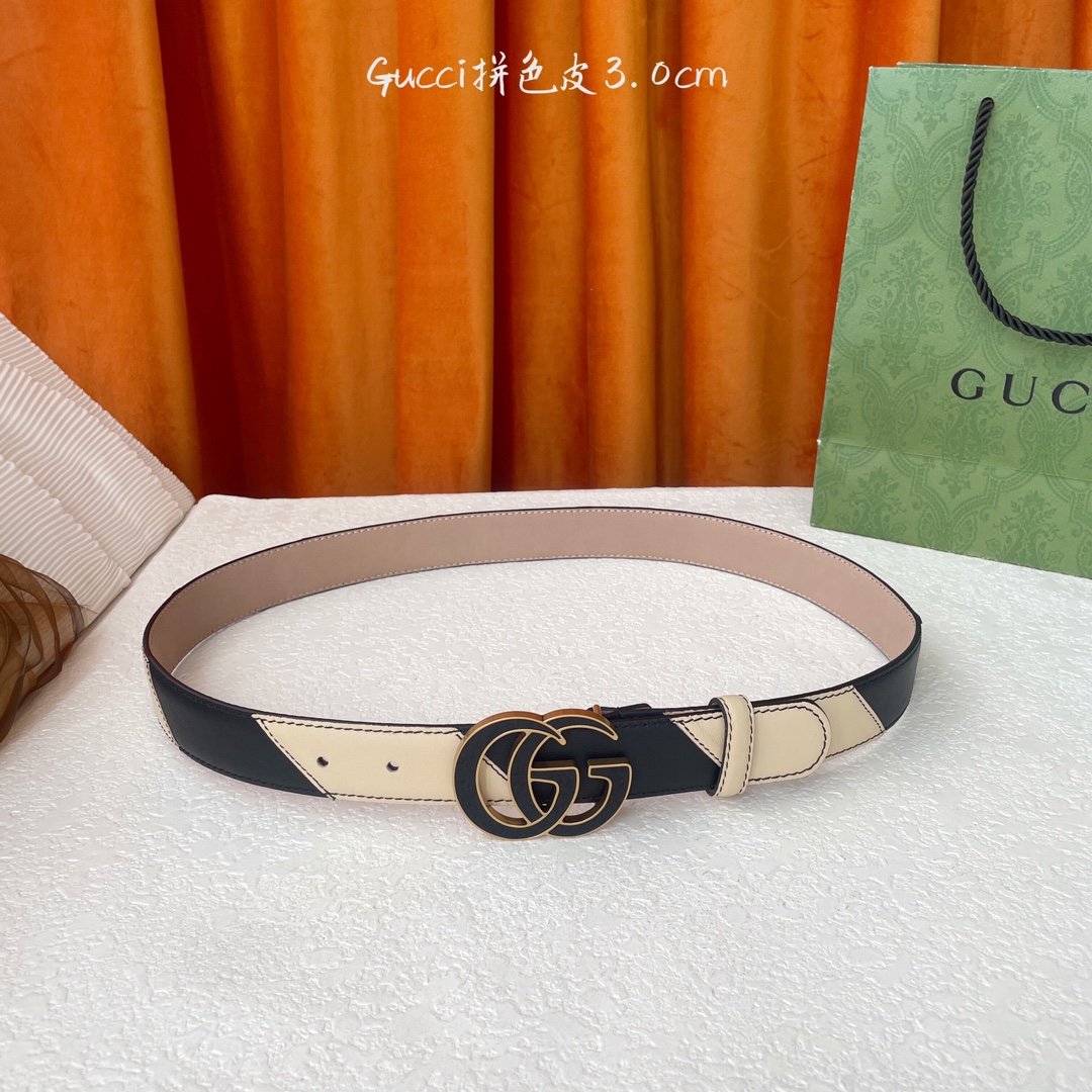  Gucci 新款拼接皮 搭配树膏沙底 精品铜扣 宽3.0Cm  经典永不过时款 潮流大方 时尚百搭