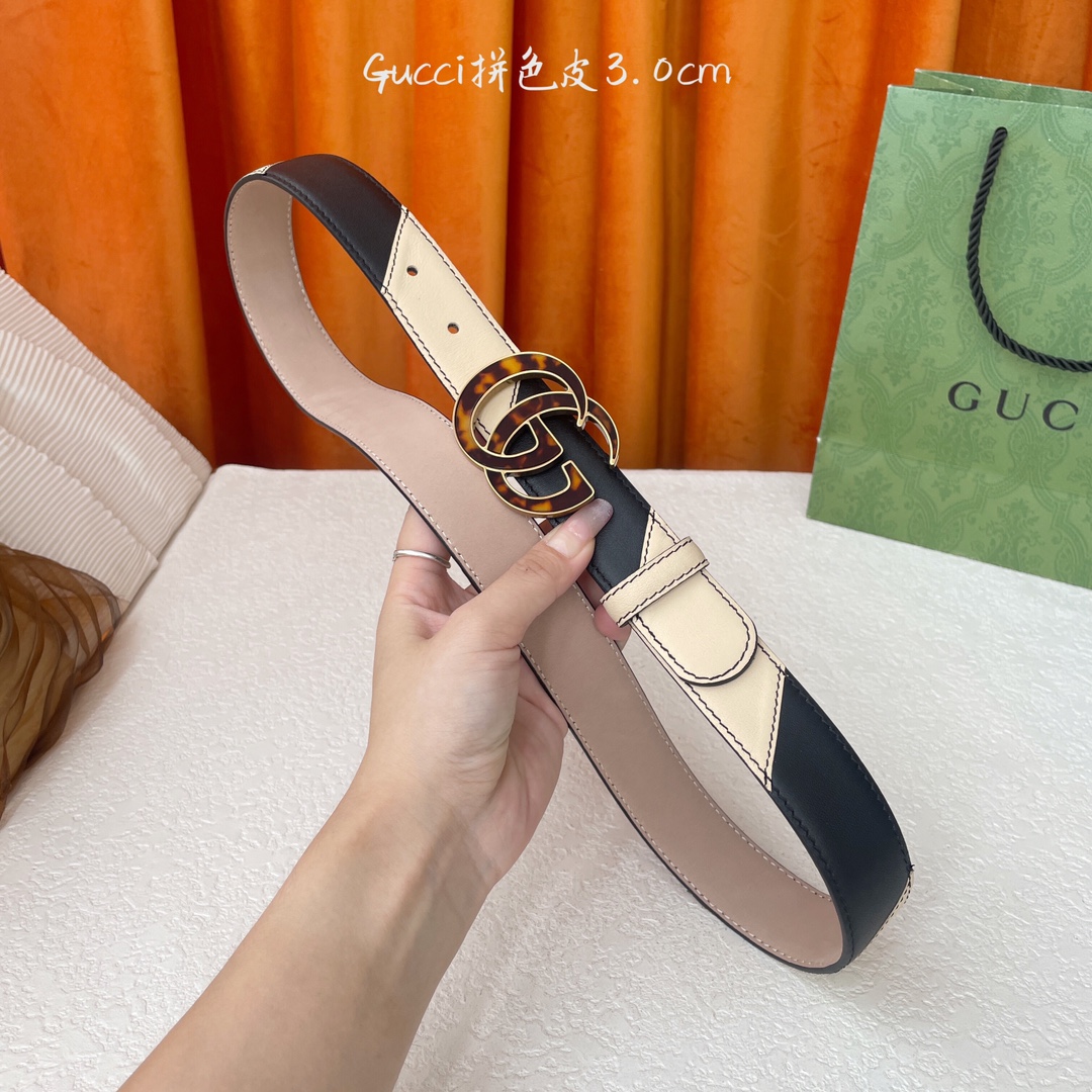   Gucci 新款拼接皮 搭配树膏沙底 精品铜扣 宽3.0Cm  经典永不过时款 潮流大方 时尚百搭