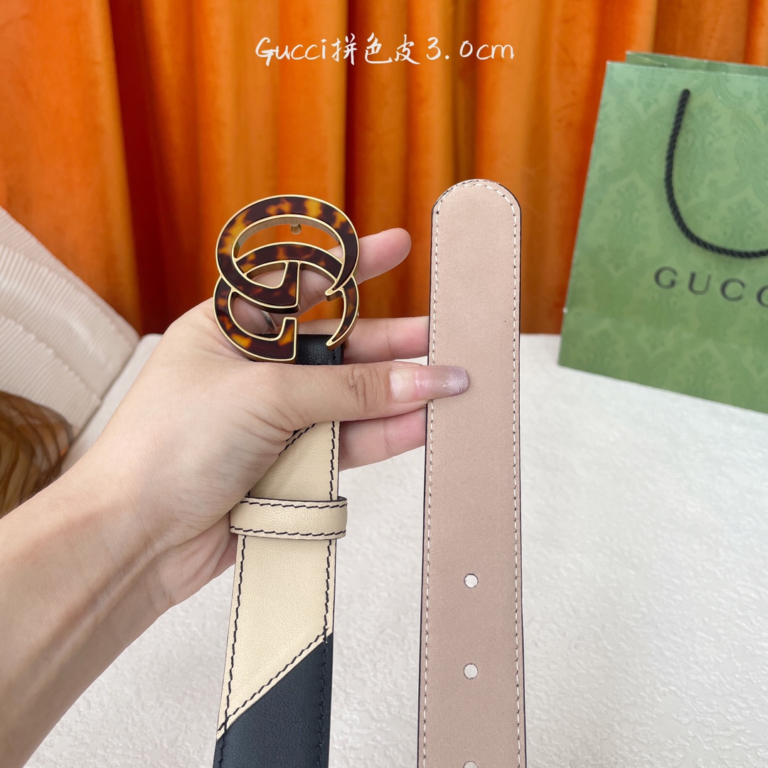   Gucci 新款拼接皮 搭配树膏沙底 精品铜扣 宽3.0Cm  经典永不过时款 潮流大方 时尚百搭