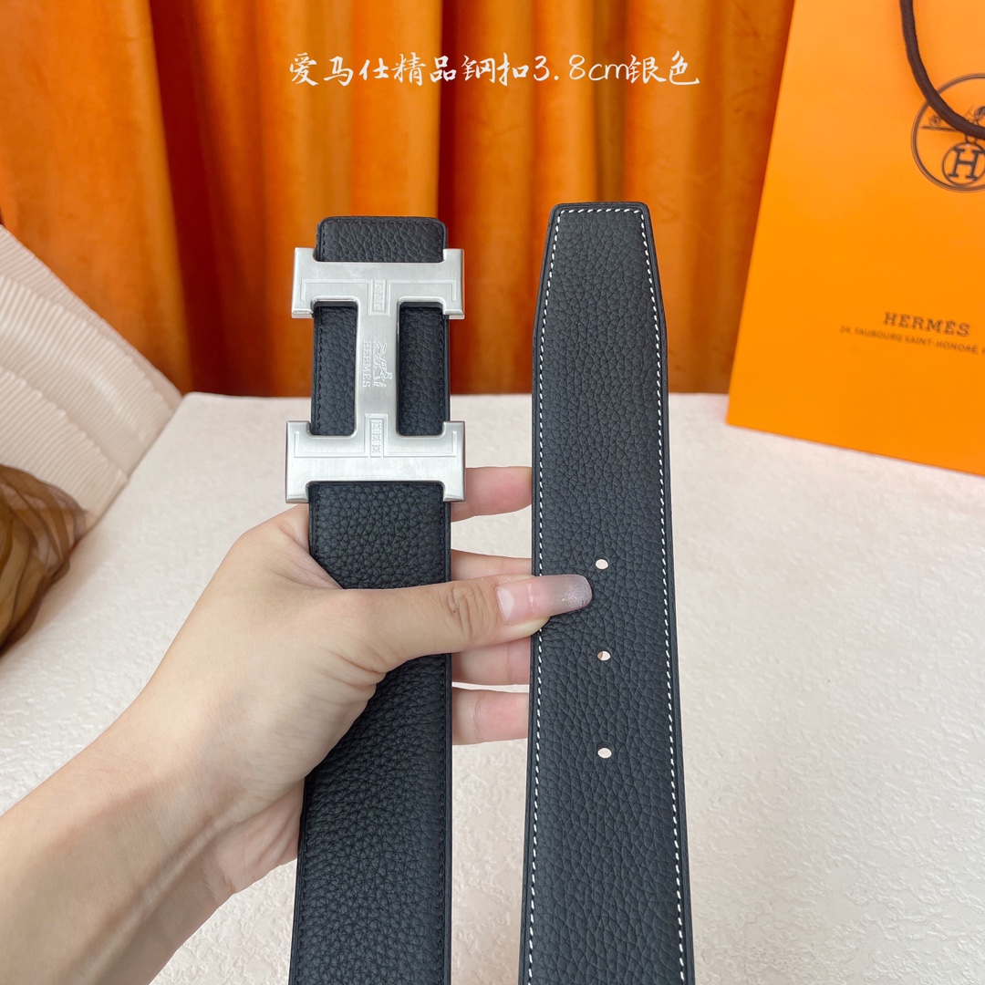 【爱马仕】Hermes 原单爱马仕，宽3.8cm进口原版皮带身，双面可两面用，精品电镀五金 ！