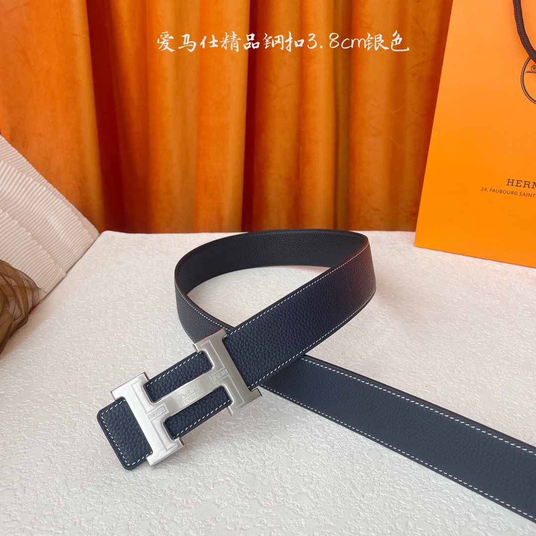 【爱马仕】Hermes 原单爱马仕，宽3.8cm进口原版皮带身，双面可两面用，精品电镀五金 ！