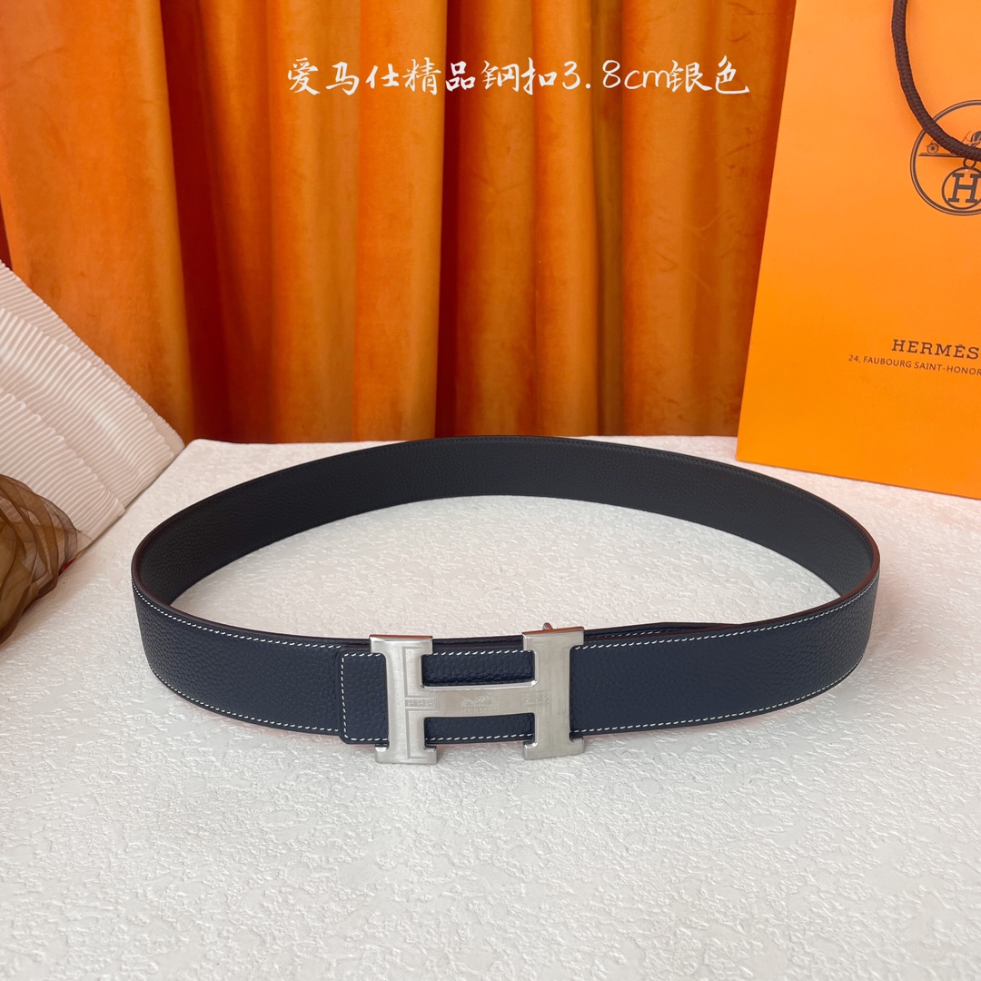 【爱马仕】Hermes 原单爱马仕，宽3.8cm进口原版皮带身，双面可两面用，精品电镀五金 ！