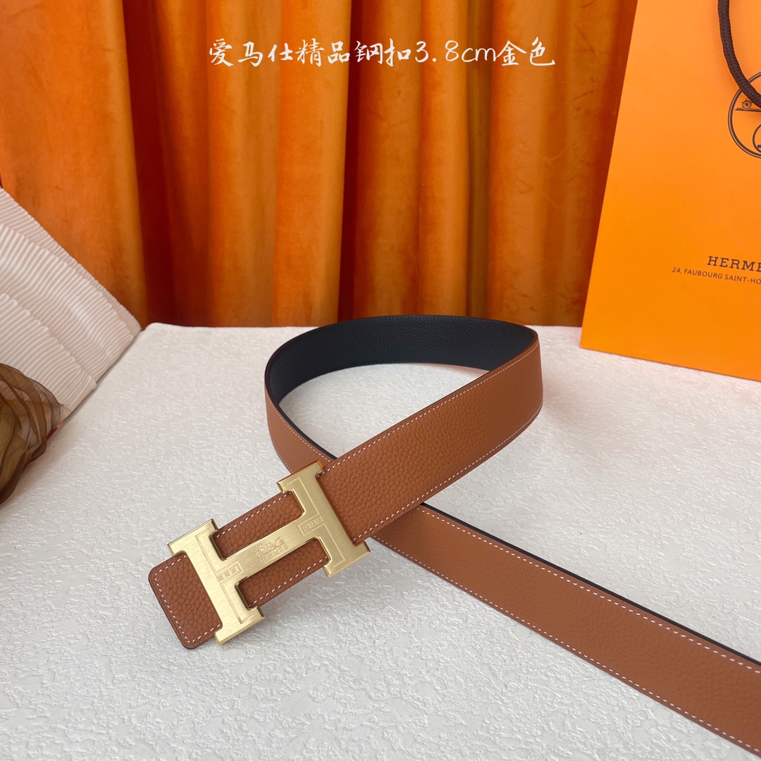 【爱马仕】Hermes 原单爱马仕，宽3.8cm进口原版皮带身，双面可两面用，精品电镀五金 ！
