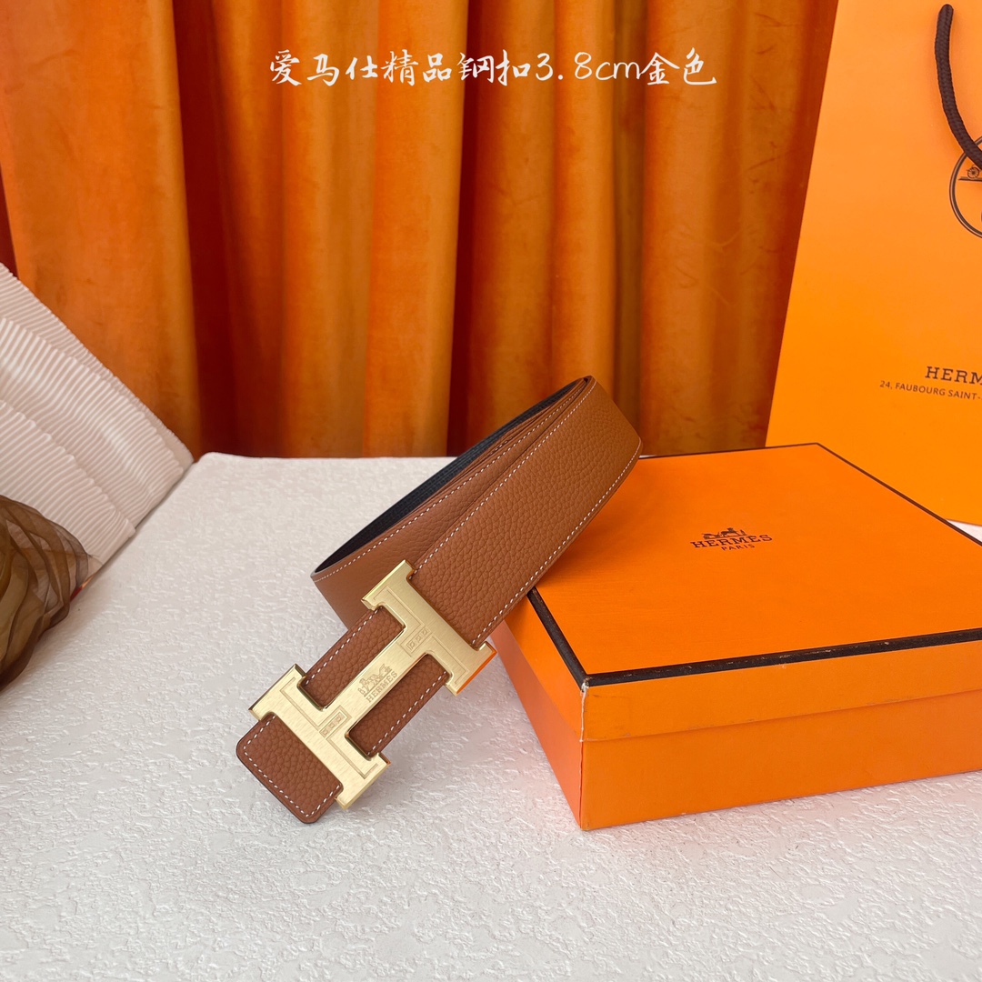 【爱马仕】Hermes 原单爱马仕，宽3.8cm进口原版皮带身，双面可两面用，精品电镀五金 ！