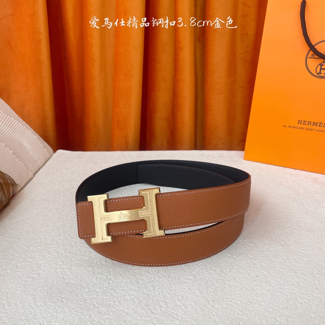 【爱马仕】Hermes 原单爱马仕，宽3.8cm进口原版皮带身，双面可两面用，精品电镀五金 ！