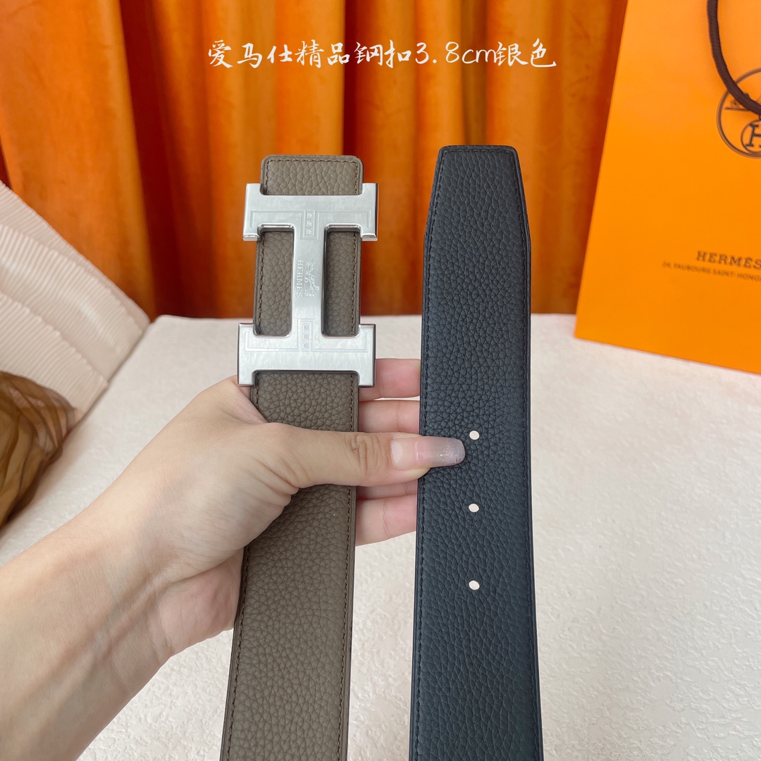 【爱马仕】Hermes 原单爱马仕，宽3.8cm进口原版皮带身，双面可两面用，精品电镀五金 ！