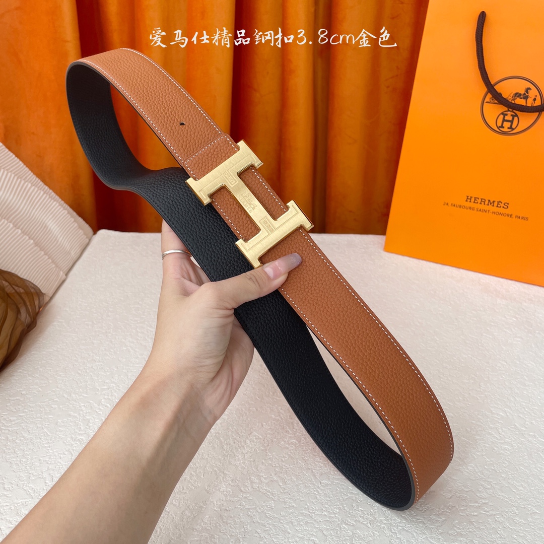 【爱马仕】Hermes 原单爱马仕，宽3.8cm进口原版皮带身，双面可两面用，精品电镀五金 ！