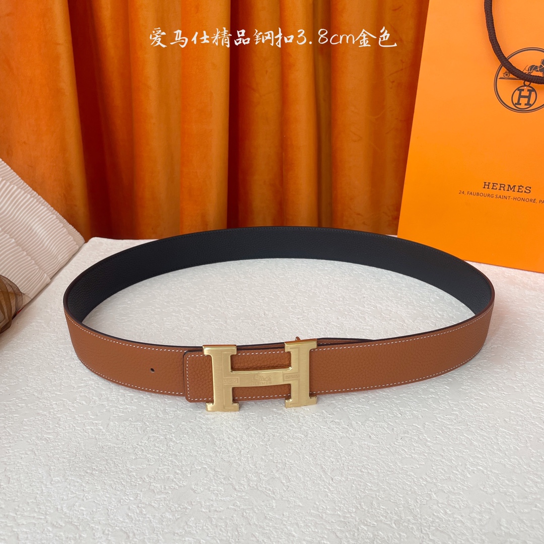【爱马仕】Hermes 原单爱马仕，宽3.8cm进口原版皮带身，双面可两面用，精品电镀五金 ！