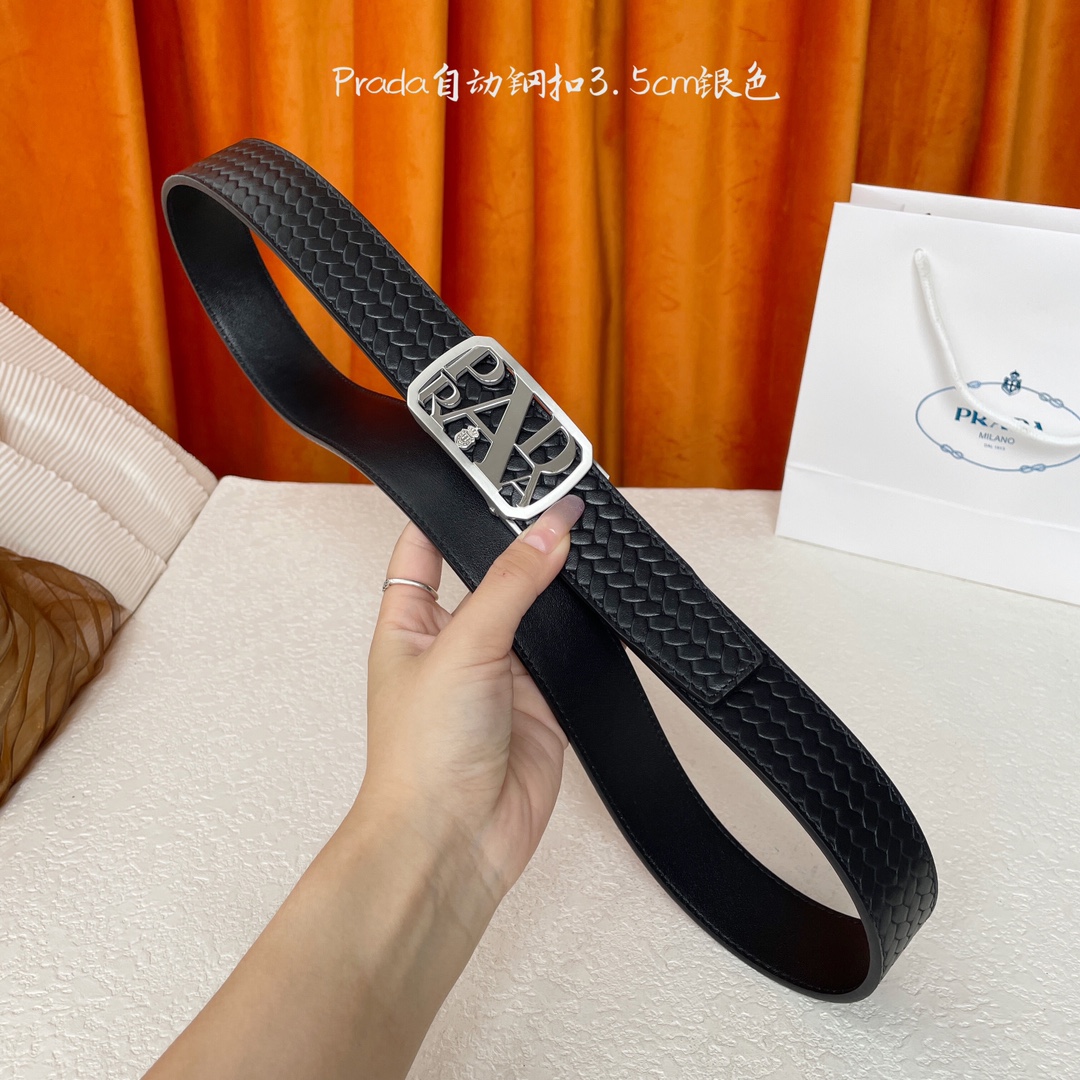   【普拉达】 Prada进口小牛皮，手感细腻柔软，搭配纯钢自动精品扣，男士必备！宽度：3.5cm