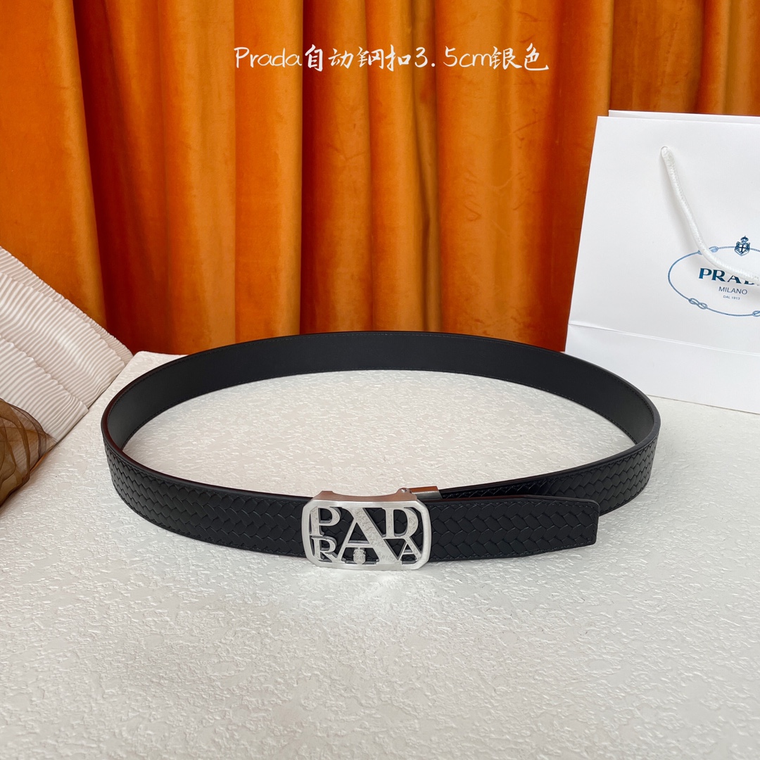   【普拉达】 Prada进口小牛皮，手感细腻柔软，搭配纯钢自动精品扣，男士必备！宽度：3.5cm