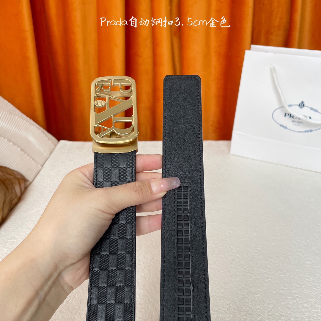   【普拉达】 Prada进口小牛皮，手感细腻柔软，搭配纯钢自动精品扣，男士必备！宽度：3.5cm