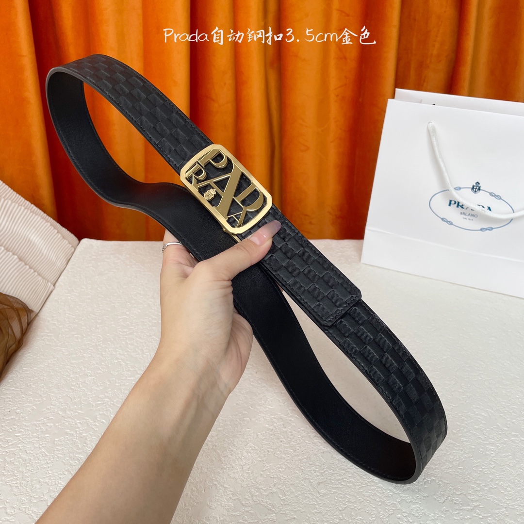   【普拉达】 Prada进口小牛皮，手感细腻柔软，搭配纯钢自动精品扣，男士必备！宽度：3.5cm