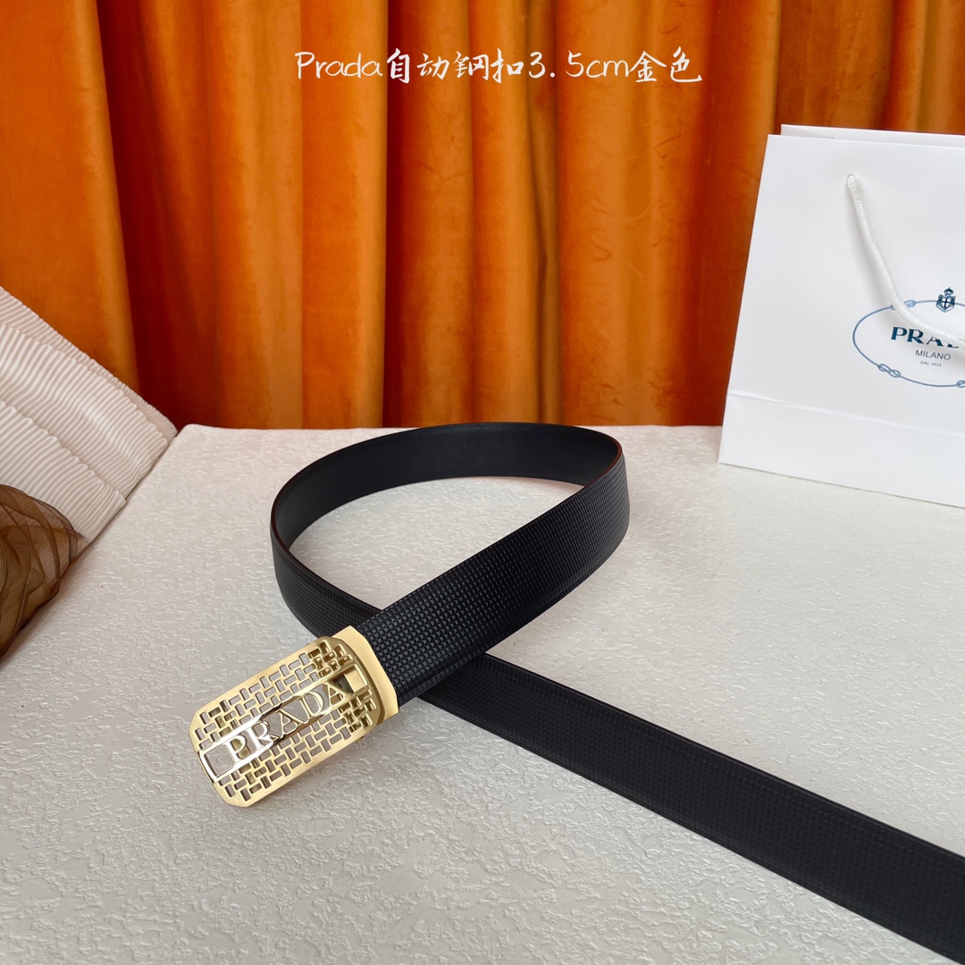   【普拉达】 Prada进口小牛皮，手感细腻柔软，搭配纯钢自动精品扣，男士必备！宽度：3.5cm