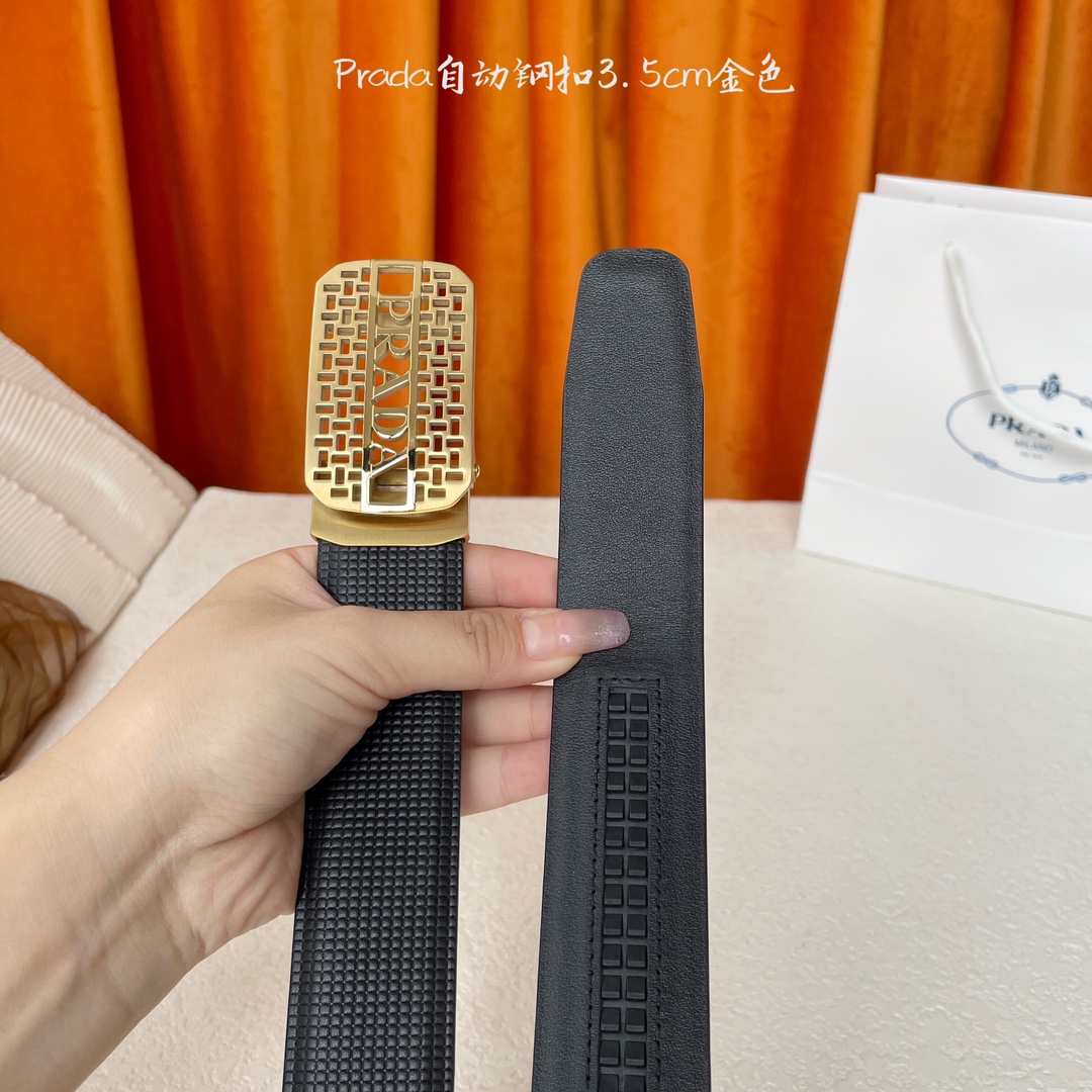   【普拉达】 Prada进口小牛皮，手感细腻柔软，搭配纯钢自动精品扣，男士必备！宽度：3.5cm