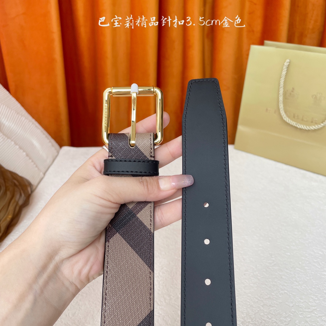  Burberry  巴宝莉专柜同步平滑皮革腰带  搭配精品针扣  装饰品牌经典格纹  宽度3.5cm 