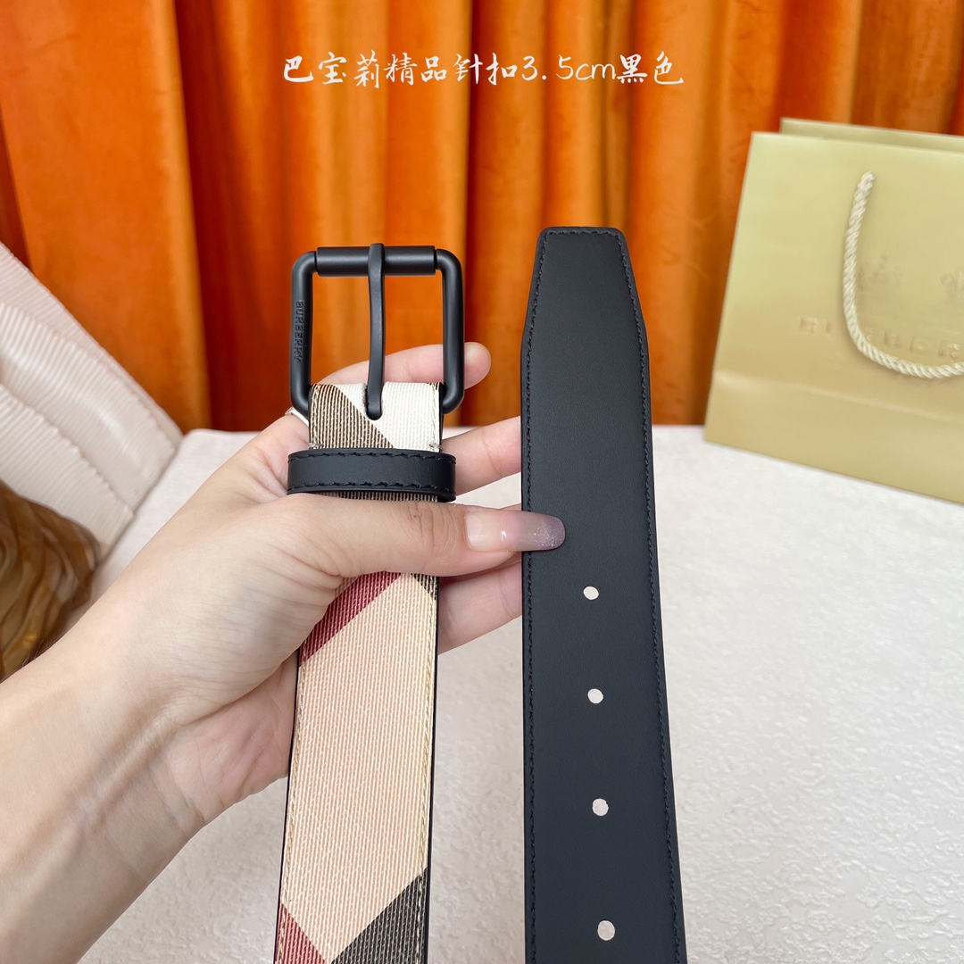  Burberry  巴宝莉专柜同步平滑皮革腰带  搭配精品针扣  装饰品牌经典格纹  宽度3.5cm 