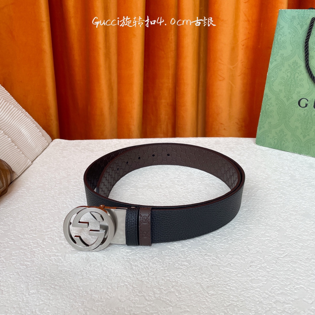  Gucci新款腰带，一面经典荔枝纹，一面咖色压小花，搭配专柜精品旋转扣，两面可用，宽4.0cm