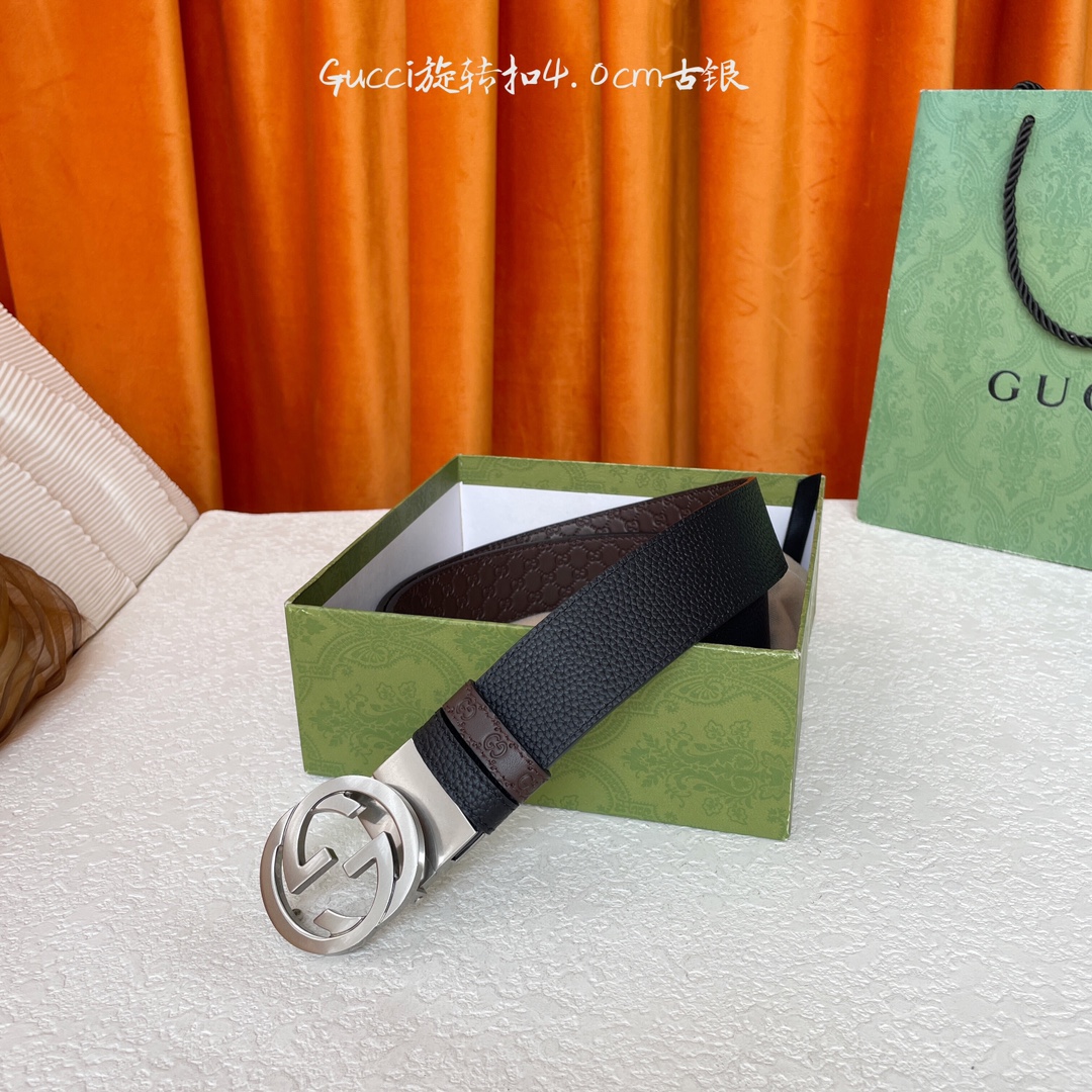  Gucci新款腰带，一面经典荔枝纹，一面咖色压小花，搭配专柜精品旋转扣，两面可用，宽4.0cm