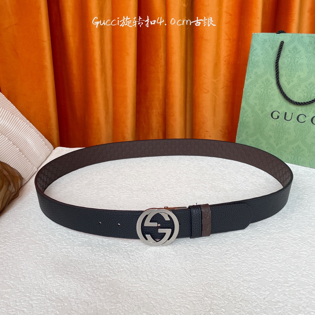  Gucci新款腰带，一面经典荔枝纹，一面咖色压小花，搭配专柜精品旋转扣，两面可用，宽4.0cm