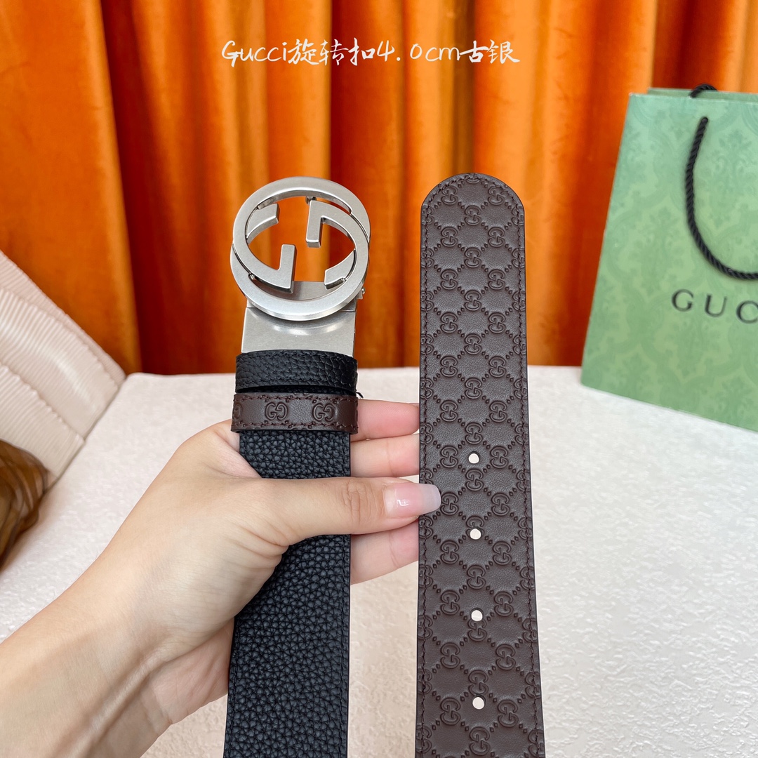  Gucci新款腰带，一面经典荔枝纹，一面咖色压小花，搭配专柜精品旋转扣，两面可用，宽4.0cm