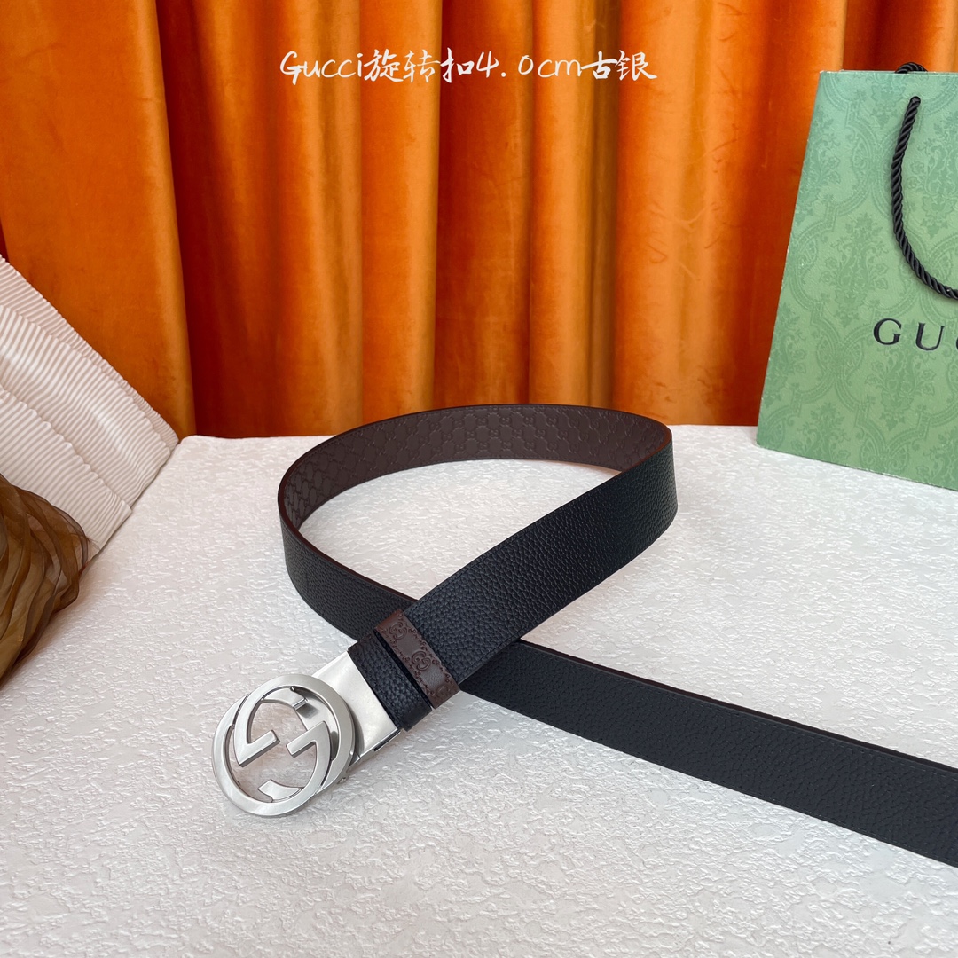  Gucci新款腰带，一面经典荔枝纹，一面咖色压小花，搭配专柜精品旋转扣，两面可用，宽4.0cm