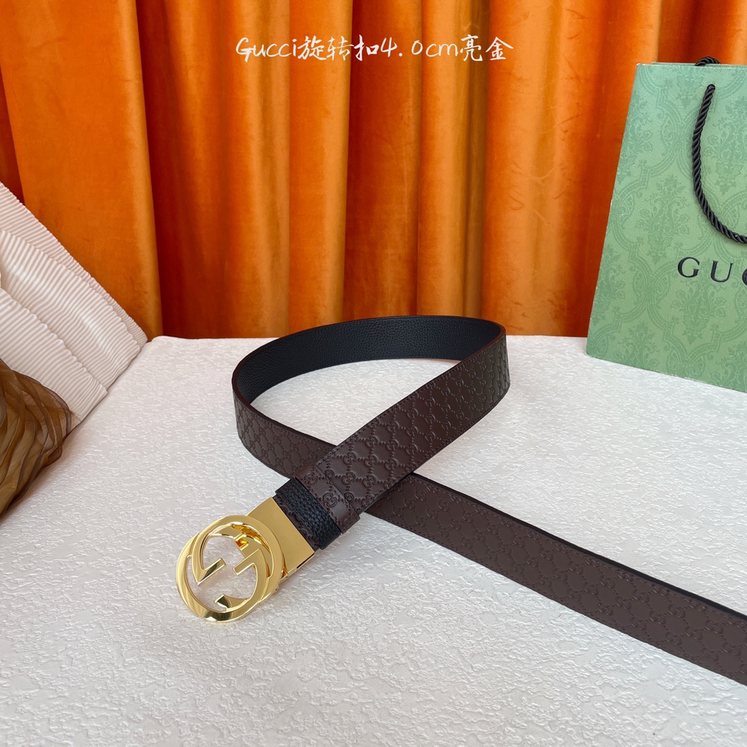  Gucci新款腰带，一面经典荔枝纹，一面咖色压小花，搭配专柜精品旋转扣，两面可用，宽4.0cm
