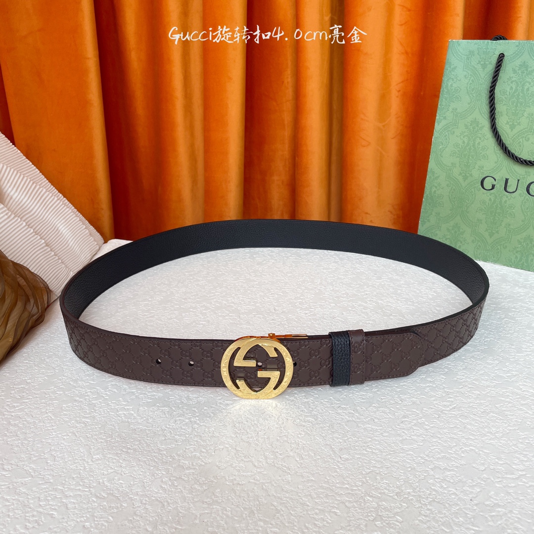  Gucci新款腰带，一面经典荔枝纹，一面咖色压小花，搭配专柜精品旋转扣，两面可用，宽4.0cm