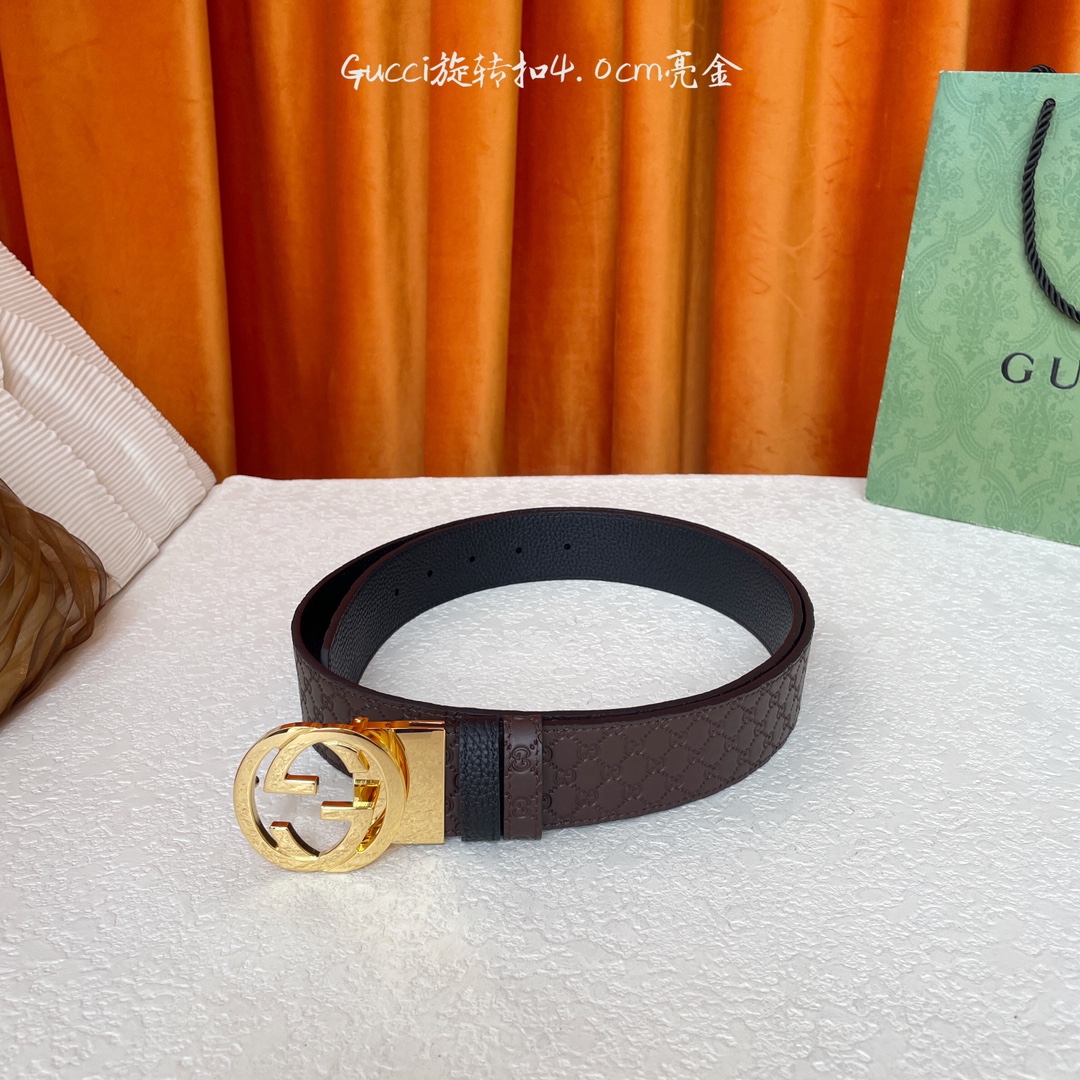  Gucci新款腰带，一面经典荔枝纹，一面咖色压小花，搭配专柜精品旋转扣，两面可用，宽4.0cm