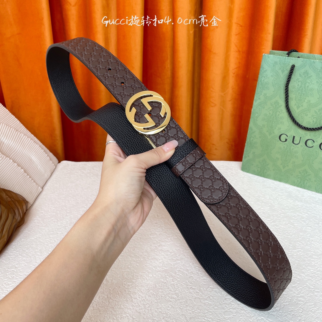  Gucci新款腰带，一面经典荔枝纹，一面咖色压小花，搭配专柜精品旋转扣，两面可用，宽4.0cm