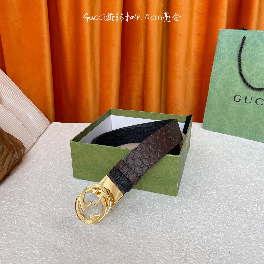  Gucci新款腰带，一面经典荔枝纹，一面咖色压小花，搭配专柜精品旋转扣，两面可用，宽4.0cm