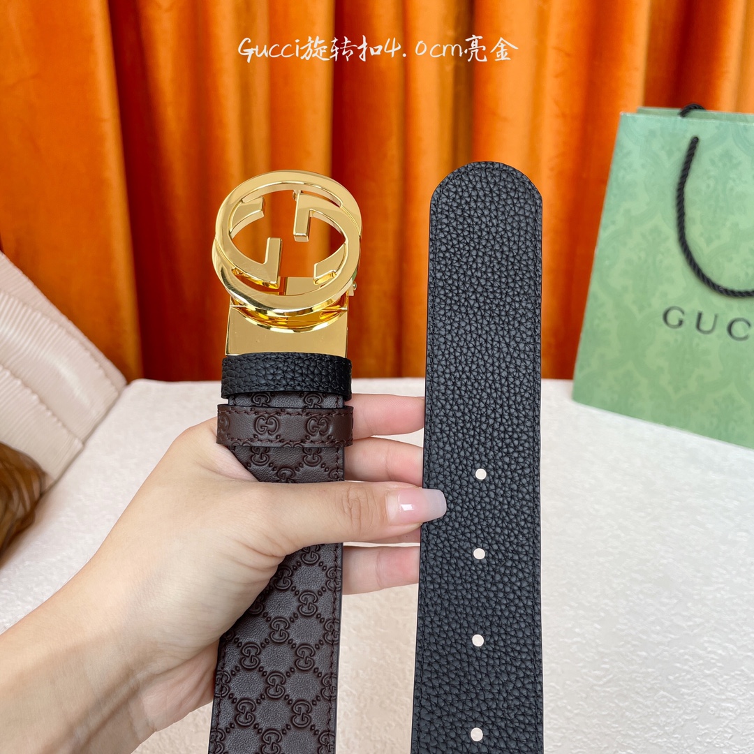  Gucci新款腰带，一面经典荔枝纹，一面咖色压小花，搭配专柜精品旋转扣，两面可用，宽4.0cm