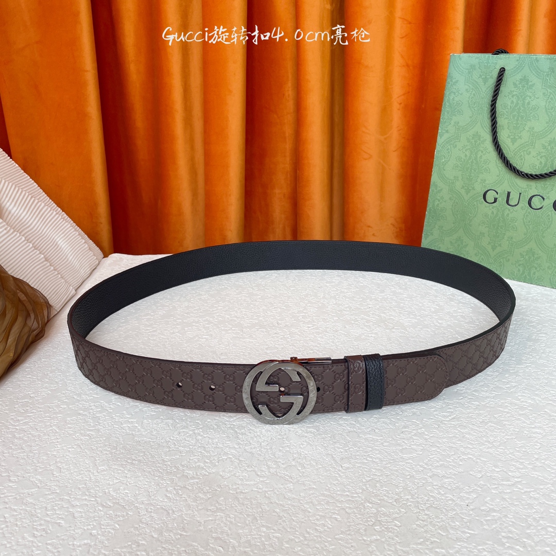  Gucci新款腰带，一面经典荔枝纹，一面咖色压小花，搭配专柜精品旋转扣，两面可用，宽4.0cm