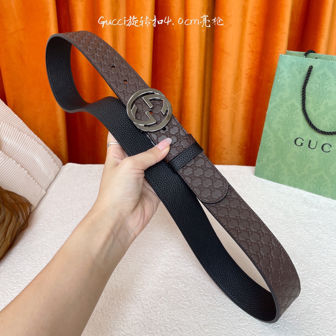  Gucci新款腰带，一面经典荔枝纹，一面咖色压小花，搭配专柜精品旋转扣，两面可用，宽4.0cm