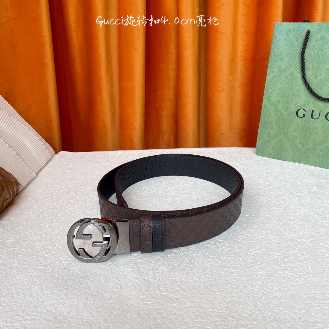  Gucci新款腰带，一面经典荔枝纹，一面咖色压小花，搭配专柜精品旋转扣，两面可用，宽4.0cm