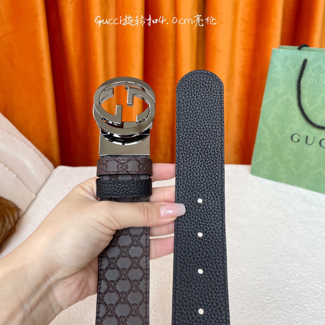  Gucci新款腰带，一面经典荔枝纹，一面咖色压小花，搭配专柜精品旋转扣，两面可用，宽4.0cm