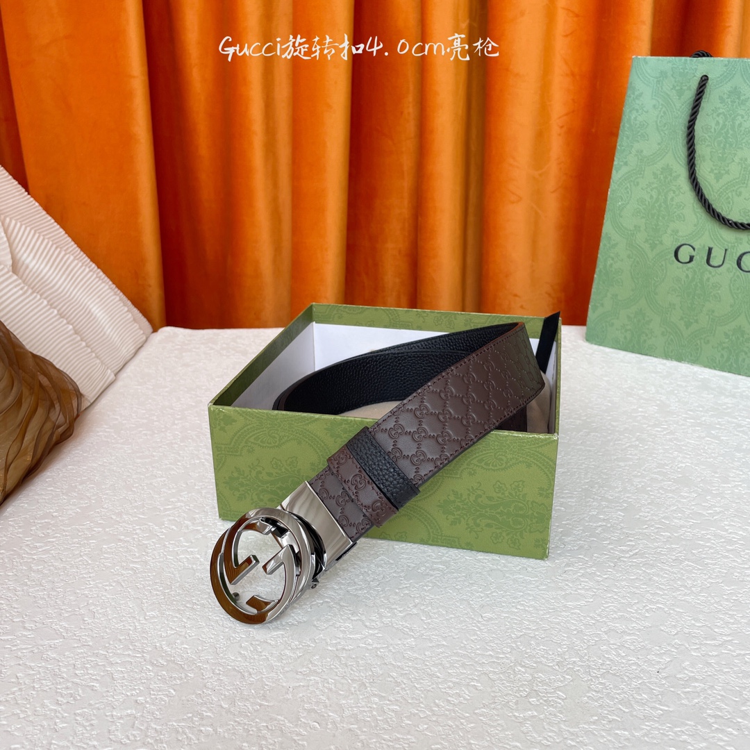  Gucci新款腰带，一面经典荔枝纹，一面咖色压小花，搭配专柜精品旋转扣，两面可用，宽4.0cm