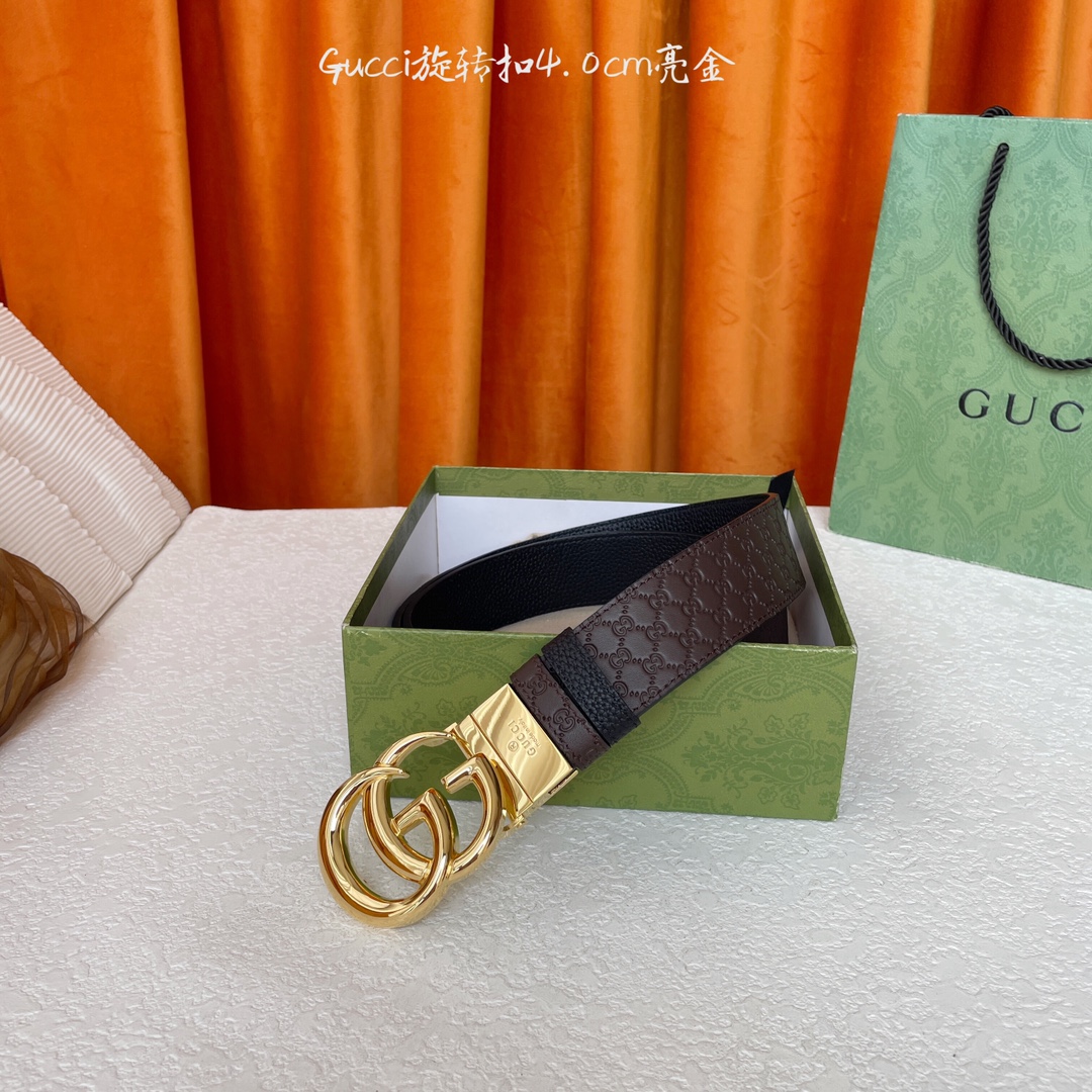  Gucci新款腰带，一面经典荔枝纹，一面咖色压小花，搭配专柜精品旋转扣，两面可用，宽4.0cm