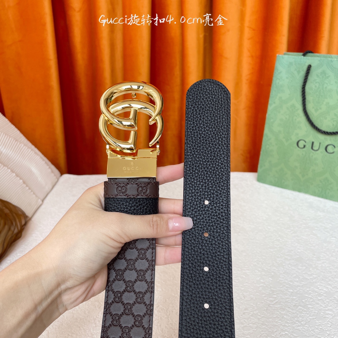  Gucci新款腰带，一面经典荔枝纹，一面咖色压小花，搭配专柜精品旋转扣，两面可用，宽4.0cm
