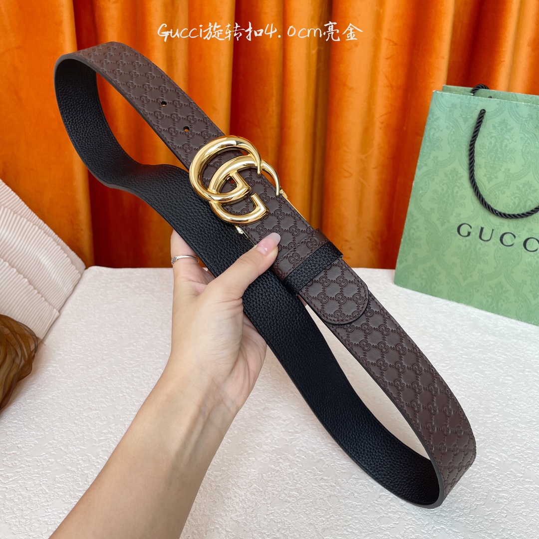 Gucci新款腰带，一面经典荔枝纹，一面咖色压小花，搭配专柜精品旋转扣，两面可用，宽4.0cm