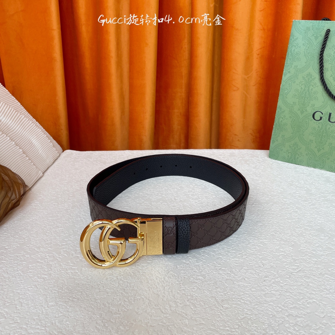  Gucci新款腰带，一面经典荔枝纹，一面咖色压小花，搭配专柜精品旋转扣，两面可用，宽4.0cm