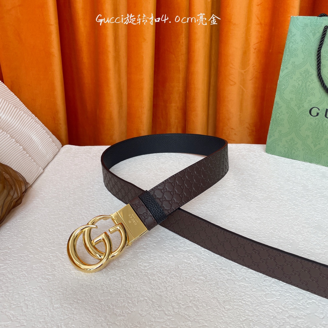  Gucci新款腰带，一面经典荔枝纹，一面咖色压小花，搭配专柜精品旋转扣，两面可用，宽4.0cm