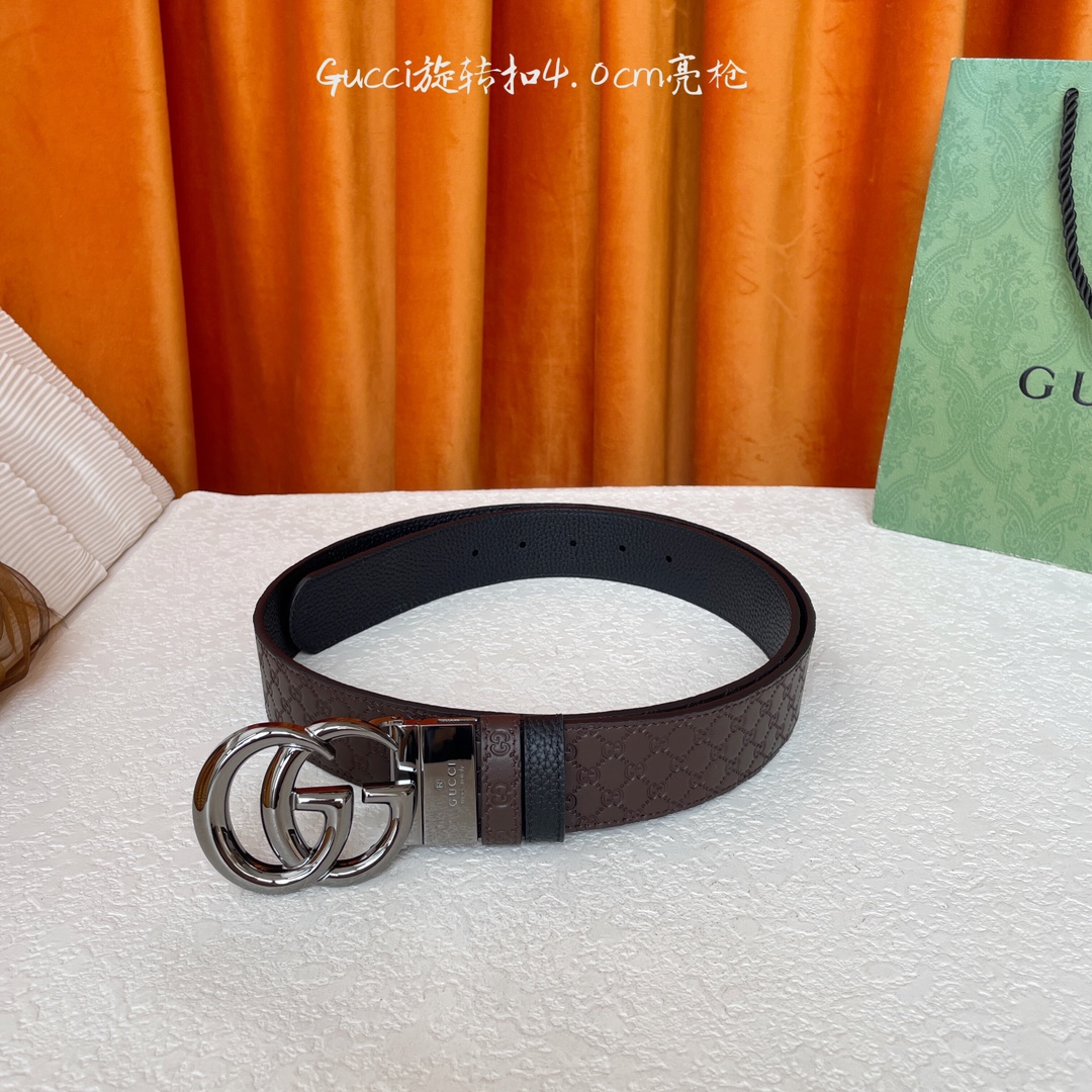  Gucci新款腰带，一面经典荔枝纹，一面咖色压小花，搭配专柜精品旋转扣，两面可用，宽4.0cm