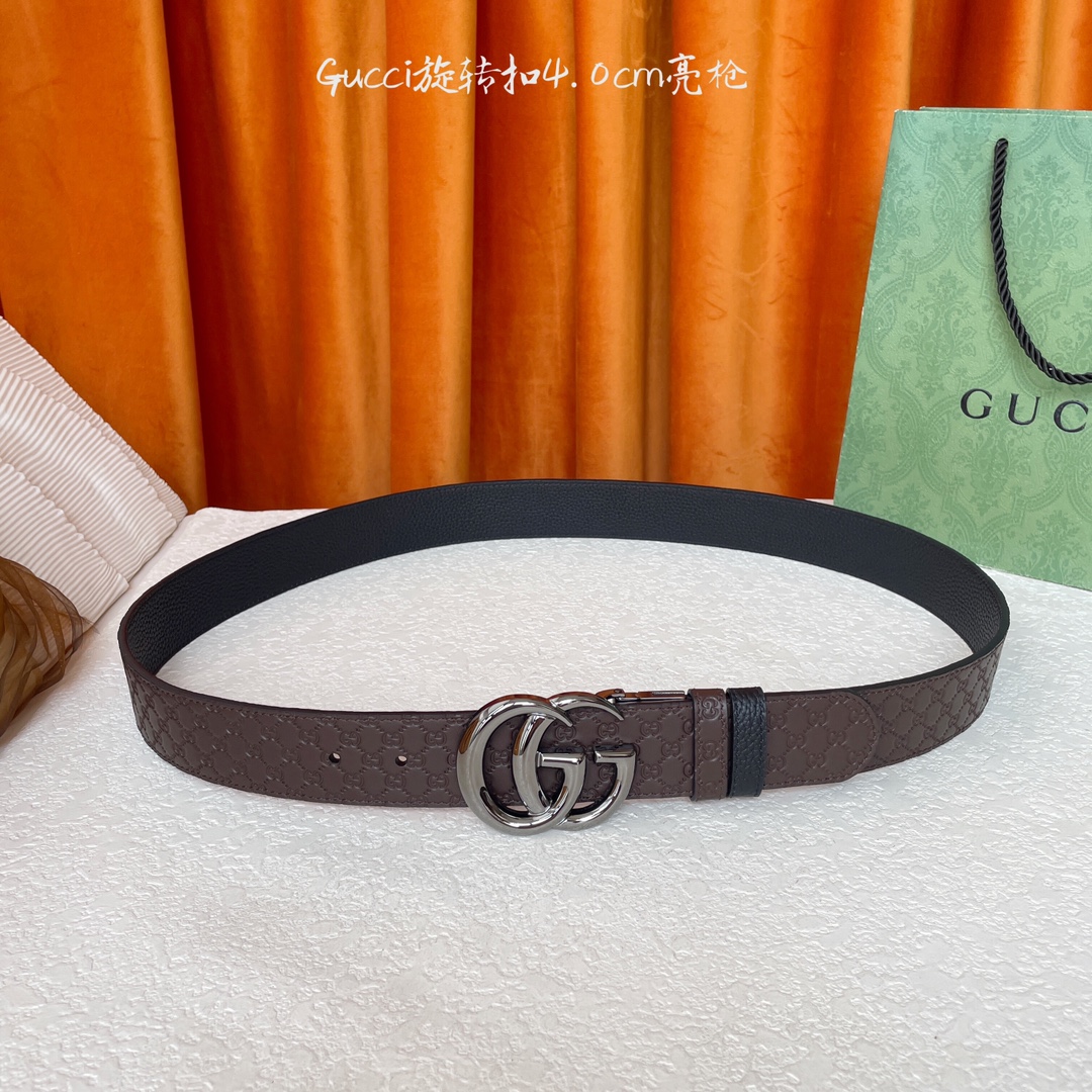  Gucci新款腰带，一面经典荔枝纹，一面咖色压小花，搭配专柜精品旋转扣，两面可用，宽4.0cm