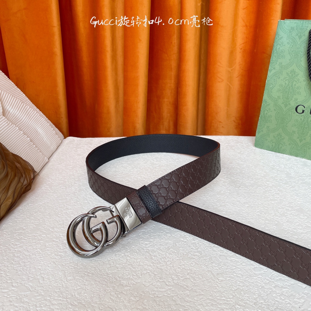  Gucci新款腰带，一面经典荔枝纹，一面咖色压小花，搭配专柜精品旋转扣，两面可用，宽4.0cm