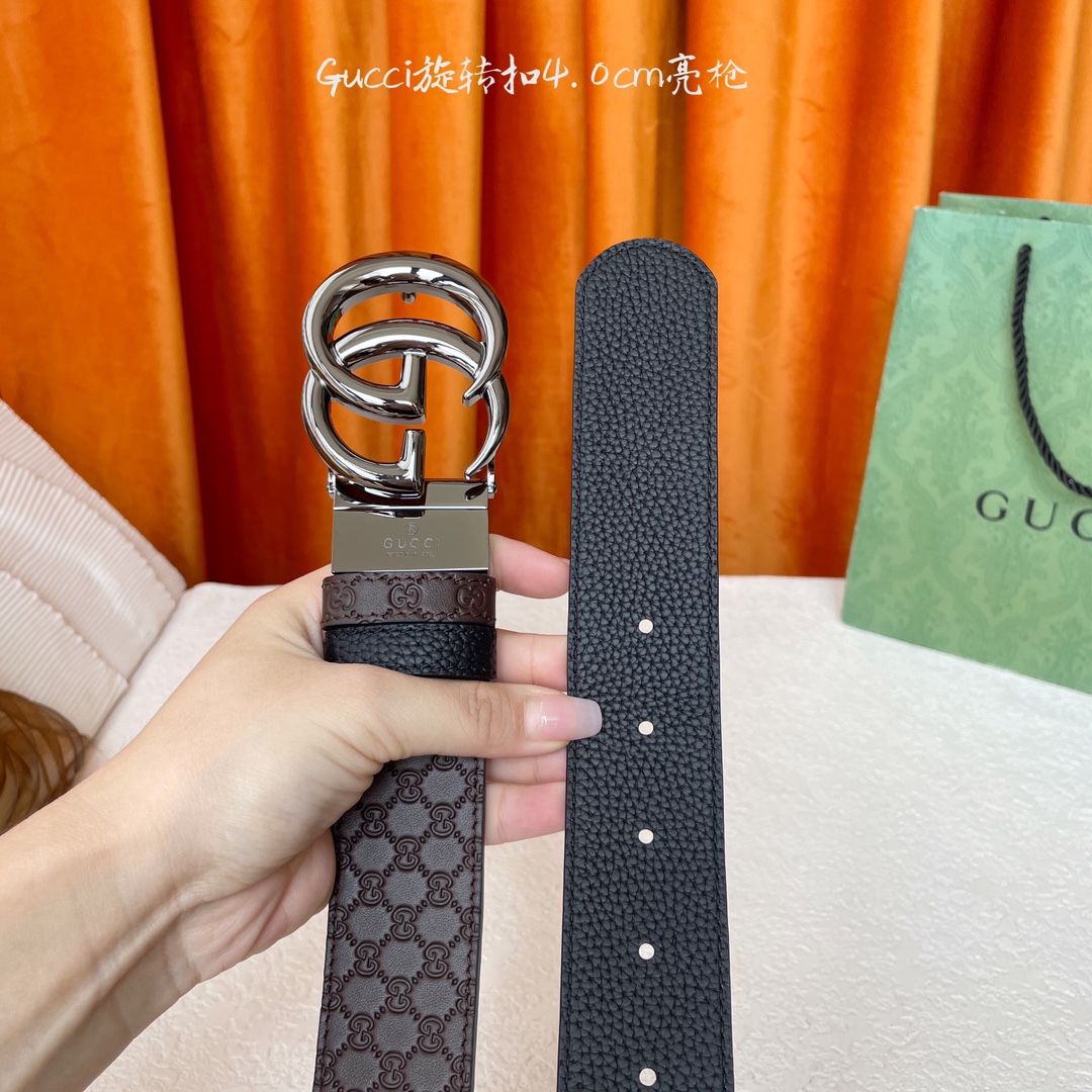  Gucci新款腰带，一面经典荔枝纹，一面咖色压小花，搭配专柜精品旋转扣，两面可用，宽4.0cm