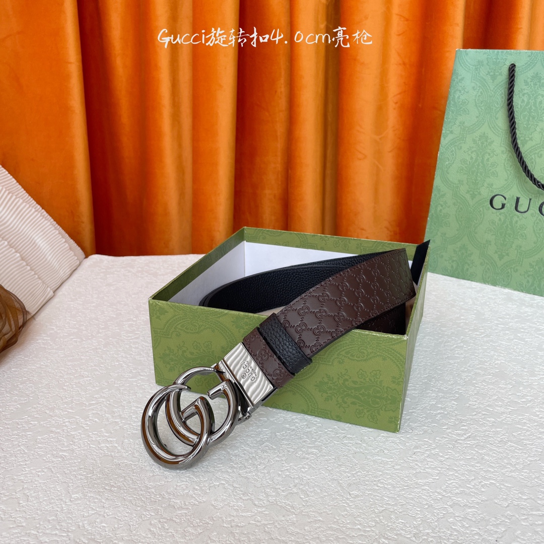 Gucci新款腰带，一面经典荔枝纹，一面咖色压小花，搭配专柜精品旋转扣，两面可用，宽4.0cm